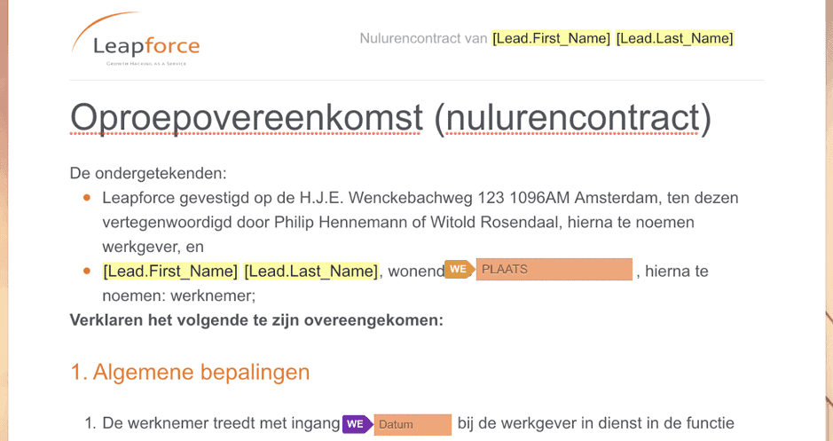 Screenshot van Contract in Pandadoc